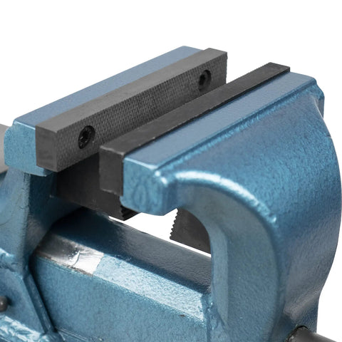 Close-up of Heavy Duty 4 Inch Forged Steel Bench Vise with 4 Point Swivel Base 90000 PSI Tensile Strength Black Oxide Jaws