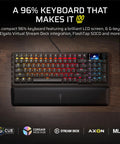 96 Percent Compact Mechanical Gaming Keyboard With Smooth Linear Switches That Hit Different Combined With A Built In LCD Stream Deck Rotary Knob And Dedicated Macro Buttons For Players Who Mean Business On The Battlefield displayed on a wooden desk with lit keys.