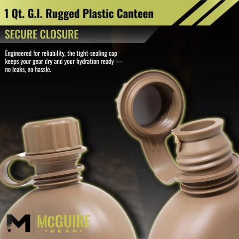 Durable 1 Qt canteen water bottle with leak-resistant cap, secure closure, rugged polyethylene, olive drab, made in USA