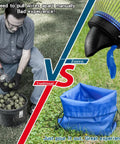 Comparison of manual nut collecting with a bucket versus a Nut Gatherer Roller For Pecan Walnut Chestnut Buckeye And More, 1.5 Gallon Nut Picker With Direct Dump Outlet.