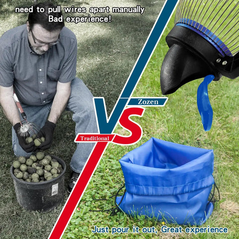 Comparison of manual nut collecting with a bucket versus a Nut Gatherer Roller For Pecan Walnut Chestnut Buckeye And More, 1.5 Gallon Nut Picker With Direct Dump Outlet.