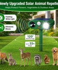 4 Pack Ultrasonic Outdoor Animal Deterrents With Solar Power Motion Sensor IP65 Waterproof Flashing Light That Scares Squirrels Raccoons Rabbits Foxes Skunks Cats Dogs In Your Yard Or Garden, green solar unit