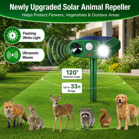 4 Pack Ultrasonic Outdoor Animal Deterrents With Solar Power Motion Sensor IP65 Waterproof Flashing Light That Scares Squirrels Raccoons Rabbits Foxes Skunks Cats Dogs In Your Yard Or Garden, green solar unit