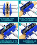 Upgraded 6.7 Inch Self Centering Doweling Jig Kit with adjustable width and bushings, showing setup and drilling steps on wood.