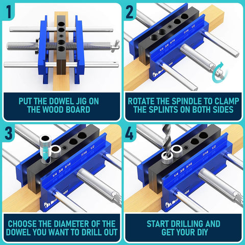 Upgraded 6.7 Inch Self Centering Doweling Jig Kit with adjustable width and bushings, showing setup and drilling steps on wood.