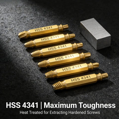 6 Piece Damaged Screw Extractor Set With HSS Drill Bits for extracting stripped, broken, frozen, and rusted screws.