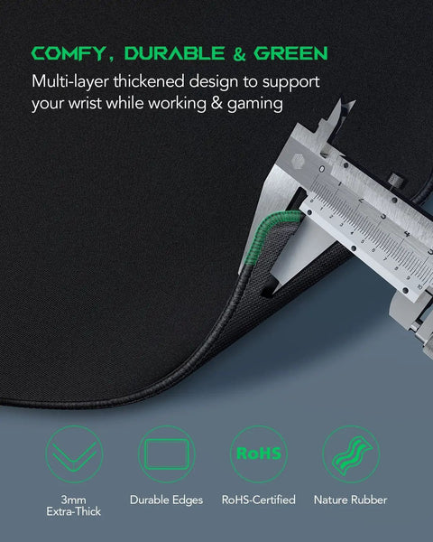 Close-up of an oversized gaming mouse pad desk mat with ultra thick cloth surface, anti fray edges, and non-slip base.