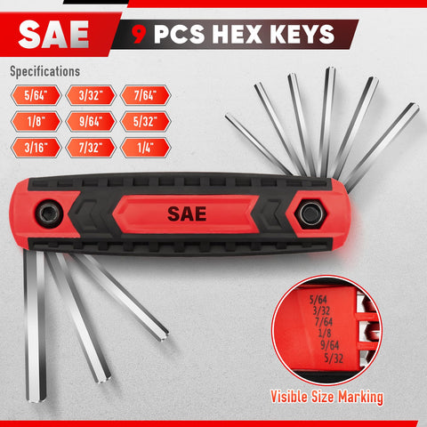 Two Pack Folding Hex Key Set 17 Piece Allen Wrenches With Metric And SAE Sizes showing 9 SAE hex keys sizes.