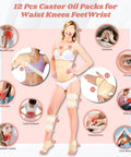 12 Piece Castor Oil Pack Kit With Reusable Organic Cotton Wraps For All Over Body Relief From Shoulders To Toes Adjustable Compress Pads For Neck Back Waist Chest Knees And More, showing applications for various body pains.