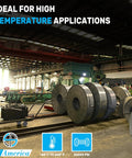 Cast iron caster wheels in an industrial factory wide view with large steel coil spools and SY America logo.