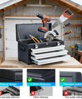 Three Drawer 22 Inch Portable Metal Tool Box With Heavy Duty Steel Build Dual Locking System Built In Drawer Lock Tool Chest Organizer