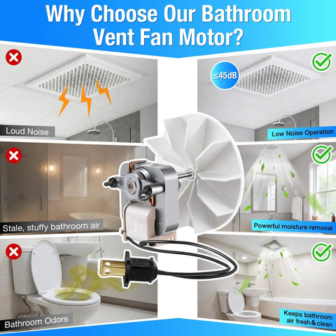 Graphic illustration of 120V 50CFM Bathroom Vent Fan Motor Replacement for Broan NuTone, emphasizing low noise and fresh air flow.