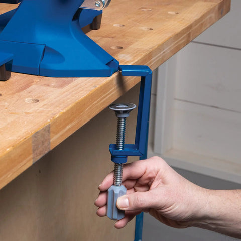 Heavy Duty Steel Pocket Hole Jig Clamp For Woodshop Workbench Compatible With 500 And 700 Series Models securing to a workbench.