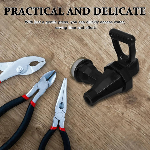 Heavy Duty Black Plastic Cooler Faucet And Reusable Spigot Tap With Leak Proof Seal For Water Buckets Party Coolers Beverage Dispenser on wooden surface with pliers.