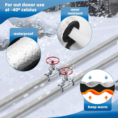 12 Pack Pipe Insulation Foam Tubes For 3/4 Inch Pipes With Pre-Slit Duct Wrap And Aluminum Foil shown in snow-covered outdoor setup