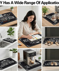 Washer and Dryer Topper Silicone Mat 26 Inch by 26 Inch in various home uses, on tables, floors, and kitchen counters.