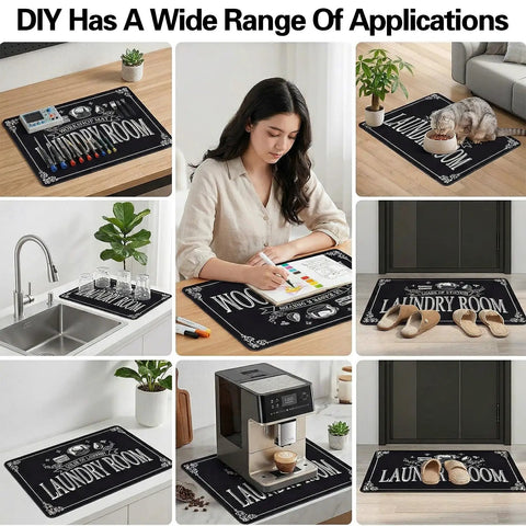 Washer and Dryer Topper Silicone Mat 26 Inch by 26 Inch in various home uses, on tables, floors, and kitchen counters.