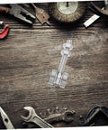 Heavy Duty Stainless Steel Sliding Door Pulley With Double Bearing Track Roller on a wooden workbench among tools.