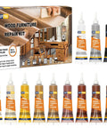 Your Solid Wood Furniture Repair Kit Packed With Twelve Rich Colors Of Tough Touch Up Filler To Easily Hide Scratches And Dings For Quick Laminate And Hardwood Fixes In Zero Time No Sweat, includes color tubes and packaging.