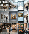 Top Shelf 65 Inch 4K UHD IPS Digital Signage Kiosk displaying retail directory, art gallery info, and self-service dining options.