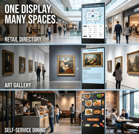 Top Shelf 65 Inch 4K UHD IPS Digital Signage Kiosk displaying retail directory, art gallery info, and self-service dining options.