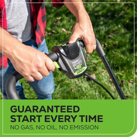 Cordless 48V Yard Power Kit No Gas Mess With A 20 Inch Brushless Lawn Mower handle and control panel in use