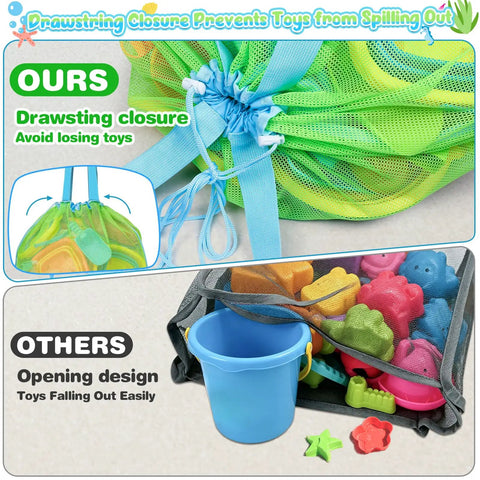 Oversized Mesh Beach Bag For Sand Toys And Pool Essentials 26 Inch Tote with drawstring closure preventing toy spills.