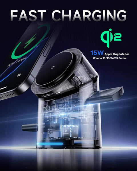 3 In 1 Wireless Charging Station For Apple Gear With MagSafe Stand, Qi2 15W Fast Charging, Auto Rotating Dock, close-up