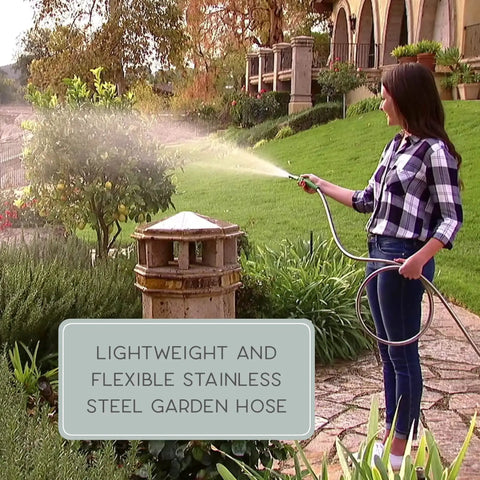 Person using Heavy Duty Yet Lightweight Metal Garden Hose Lite 50 Ft Kink-Proof Stainless Steel Casing in garden