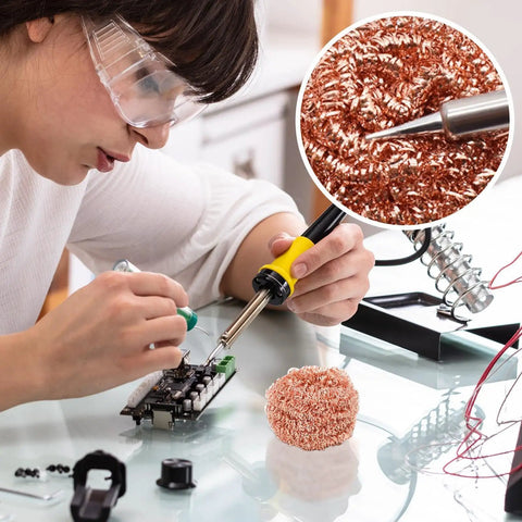Top Grade Solder Tip Cleaning Brush Made With Heavy Duty Wire Sponge For High Temp Irons, used during electronics repair.