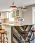 Kinsley Pendant Light In Aged Galvanized Steel over modern farmhouse kitchen island with industrial vibe.