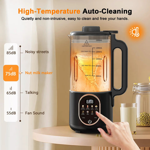50 Oz Nut Milk Maker Machine Ten In One Automatic Plant Based Milk Maker boiling water with display and control panel