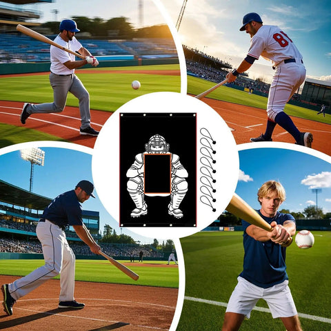 Heavy Duty Baseball Batting Cage Backstop Cloth With Strike Zone Visual, Weather Resistant Backyard Practice Backdrop 122x183cm displayed with baseball players hitting.