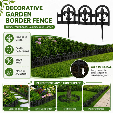 Black Garden Border Edging Kit With PP Plastic Metal Free Wrought Iron Look 15 Pieces 20 Foot Kit Flexible Weatherproof Lawn Edge