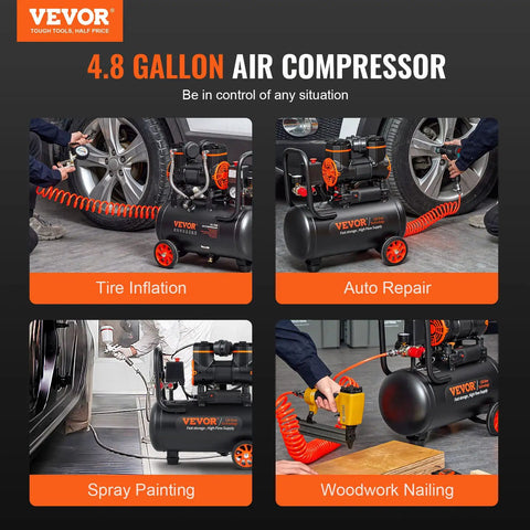 Collage of Ultra Quiet 4.8 Gallon Oil-Free Air Compressor uses for auto repair, tire inflation, spray painting, and woodworking