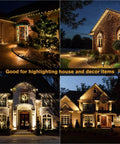 Low Voltage LED Landscape Light Kit With Transformer 76ft Wire 6 Waterproof Garden Spotlights illuminating houses at night