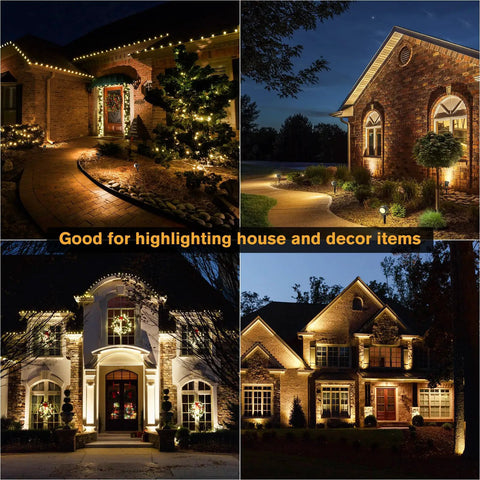 95Ft Low Voltage LED Landscape Lighting Kit With Transformer Waterproof Outdoor Lights 8 Spotlights Warm White 12W highlighting houses at night