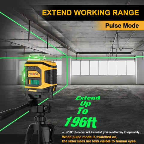 Rechargeable 360 Degree Self Leveling Green Laser Level With Tripod in warehouse, displaying three 360-degree green beams for alignment.