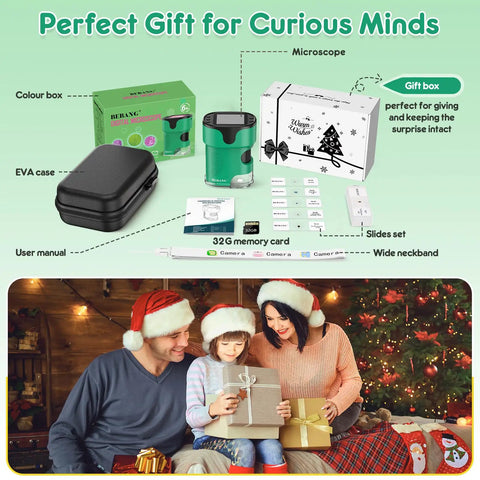 1000X Handheld Microscope for Kids With 4K Screen and 5 Level Zoom Rechargeable kit, gift box, memory card, and slides set