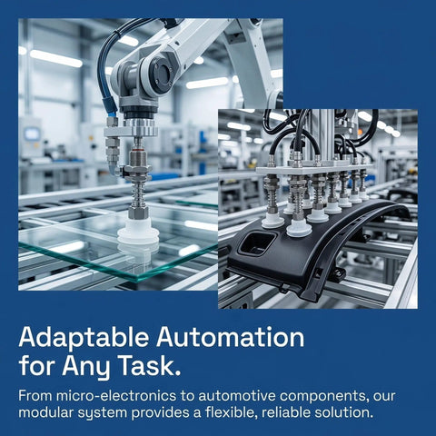 Industrial Suction Cup 8 Pack with Silicone Tips for Automation Equipment, Pneumatic Vacuum Gripper on assembly line.