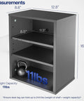 Clamp-On Under Desk Shelving Unit with three-level storage, measurements, and weight capacity for office accessories, black finish.