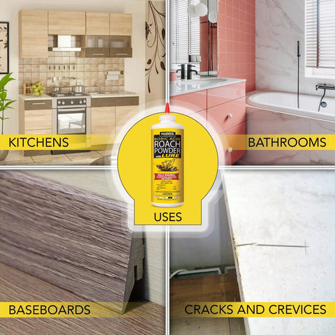 Heavy Duty Boric Acid Roach And Silverfish Killer Dust With Irresistible Lure For Fast Acting Bug Nuking And Long Lasting Puffer Bottle Pest Control Kit 16 Oz displayed in kitchens, bathrooms, baseboards, and cracks.