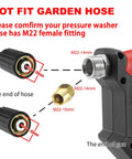 Diagram showing M22 fitting compatibility for Short Pressure Washer Gun With Foam Cannon And One Quarter Inch Quick Connector Five Nozzle Tips And One Liter Bottle M22 Compatible All Purpose Power Washing Tool For Cars Decks And Driveways