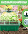 Seed Starter Tray Kit With Grow Lights And Humidity Domes, seedlings sprouting in a 12-cell greenhouse tray indoors