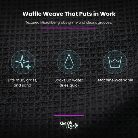 Funny Microfiber Golf Towel With Bag Clip For Men And Dad Gift texture detail showing waffle weave with cleaning features icons.