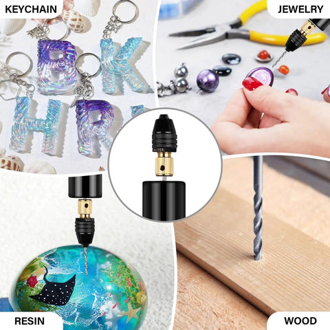 Dope Electric Jewelry Drill Kit With 74 Piece Set used on keychains, resin spheres, and wood, showcasing versatility.