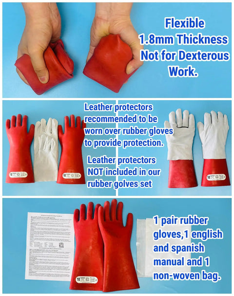 12kV Electrical Gloves Size 10 Thick 1.8mm Rubber Insulated Safety Gear for Electricians Red Waterproof Lineman High Voltage