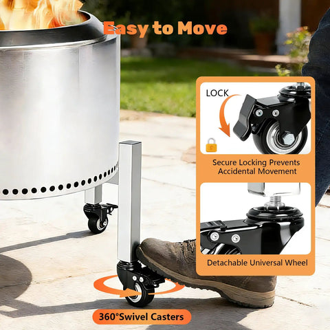Universal 15-27 Inch Fire Pit Stand With Wheels Stainless Steel Adjustable Retractable Base, lockable wheels and casters close-up