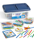 AngLegs Classroom Set With 30 Protractors And Geometry Manipulatives For Hands-On Learning, Geometric Shapes in a clear container.
