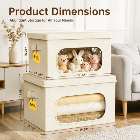 Large Cotton Linen Storage Bins With Lids 2 Pack Closet Organizer, 41L and 66L sizes with clear front windows for viewing contents.